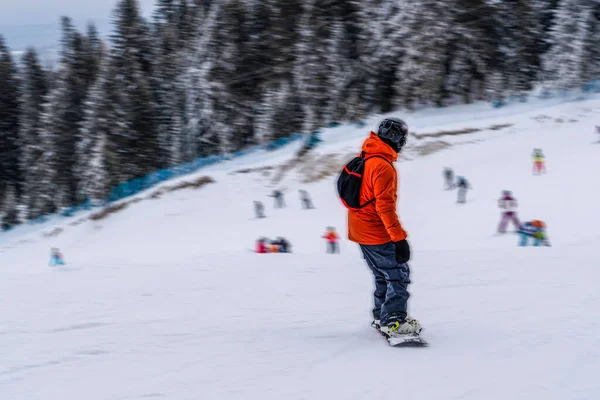 Widok Tyłu Nierozpoznawalnego Mężczyzny Jasnym Stroju Narciarskim Poruszającego Się Snowboardzie — Zdjęcie stockowe