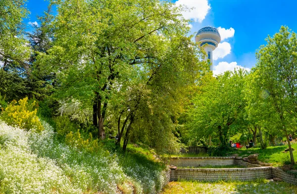Baharda arka planda Botanik Bahçesi ve Atakule, Ankara ve Türkiye