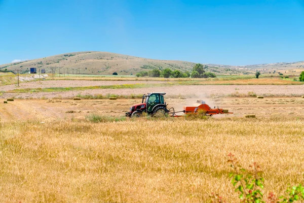 Trator Com Palha Trigo Máquina Enfardamento Retângulo Trabalhando Campo Trigo — Fotografia de Stock