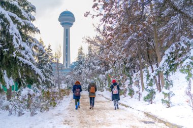 Ankara 'da kar altında üç kadın botanik bahçesinde Atakule' ye yürüyor