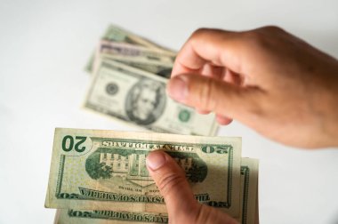Beyaz arka planda izole edilmiş dolarları sayan seçici eller. Para saymak veya harcamak.