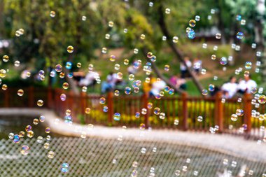 Kugulu Parkı 'nda sabun köpükleri üfleyen ve arka planda dinlenen insanlar, Ankara ve Türkiye