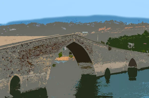 Drawing Old Multi Arched Stone Bridge — Stock Photo, Image