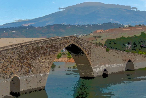 Zeichnung Der Alten Mehrbogigen Steinbrücke — Stockfoto