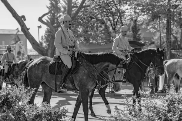 Ankara Turkey October 2018 Turkish Mounted Troops Holding Flag Old — Stock Photo, Image