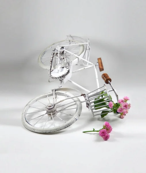 一辆装有篮子的旧白色自行车载着美丽的粉红色花朵 — 图库照片