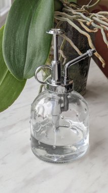 Orkide kökleri dolu korkunç bir tencerenin yanındaki cam su dağıtıcısına yakın çekim. Orkide çiçekleri için uygun bakım kavramı.