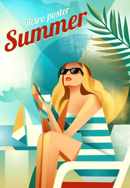 Retro poster with a girl sitting on the beach. — Stock Vector