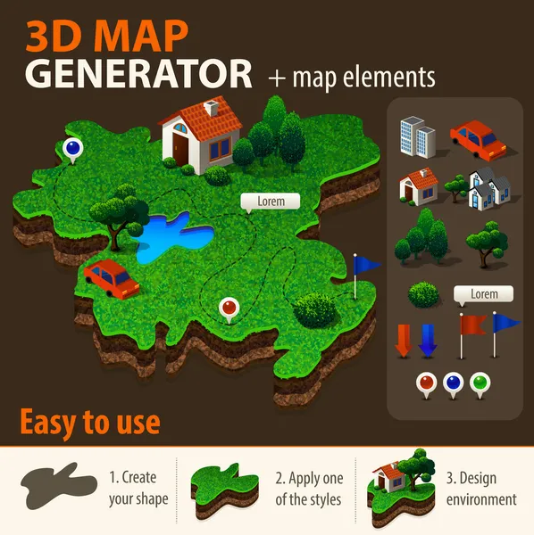 Ilustración mapa volumétrico del terreno con punteros — Archivo Imágenes Vectoriales