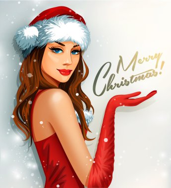 Noel Baba giysi poster giyen güzel kız.