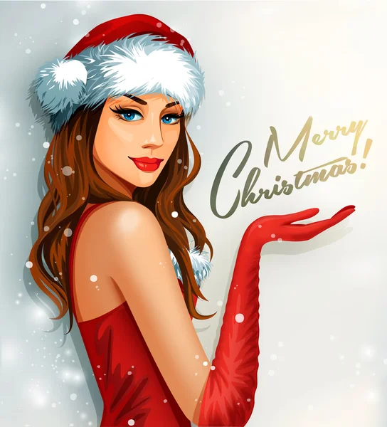 Menina bonita vestindo Papai Noel cartaz de roupas . —  Vetores de Stock