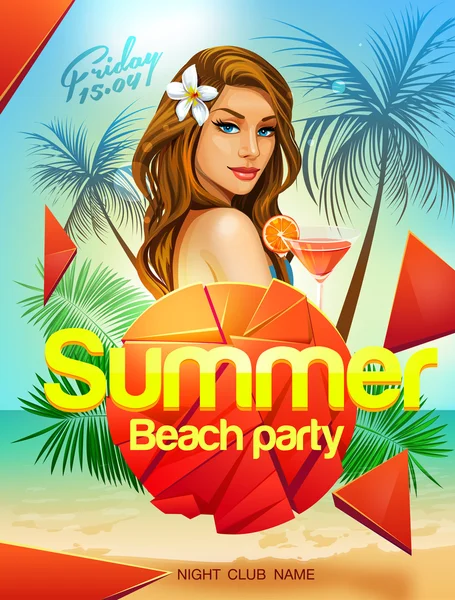 Summer beach party flyer design avec fille sexy — Image vectorielle