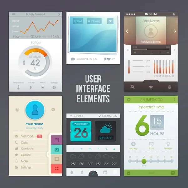 Satz verschiedener Elemente für die Benutzeroberfläche — Stockvektor