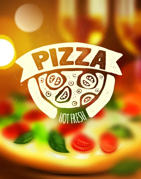 Etiqueta de pizza sobre fondo borroso — Vector de stock