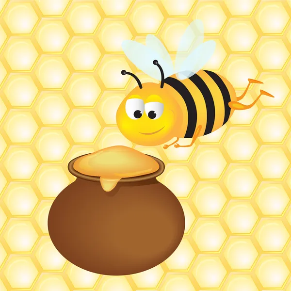 Illustration av ett bi med honungsgryta — Stock vektor