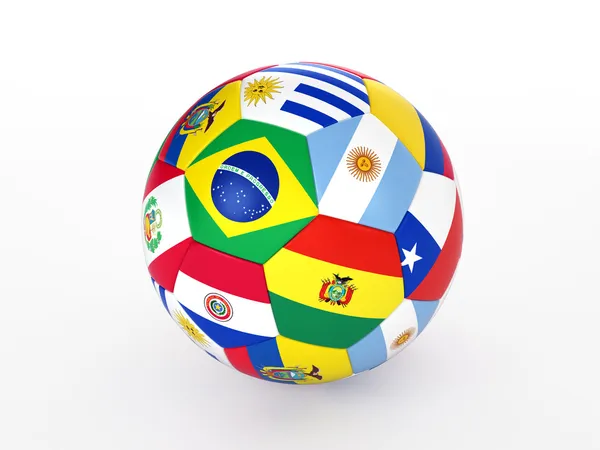 3d renderização de uma bola de futebol com bandeiras dos países da América do Sul — Fotografia de Stock