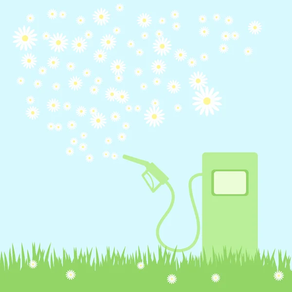 Green gas pump on a green field with camomiles — Stock Vector