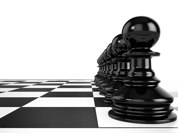 Black pawns stand in a row on a chessboard — Stock Photo, Image