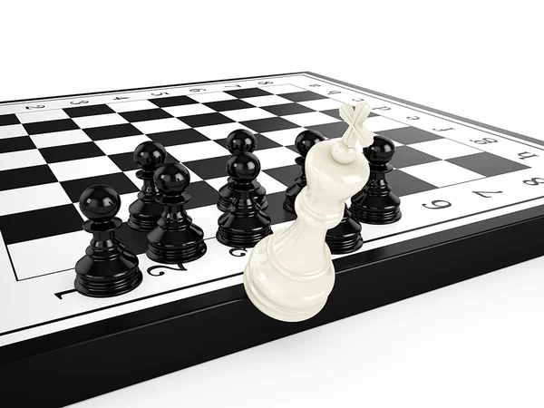 White chess king falls from a chessboard surrounded by black chess pawns — Stock Photo, Image
