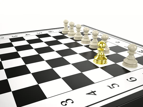 Gold pawn and some white pawns - strategy and leadership concept — Stock Photo, Image