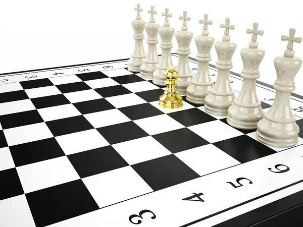 Gold pawn and some white kings - strategy and leadership concept — Stock Photo, Image