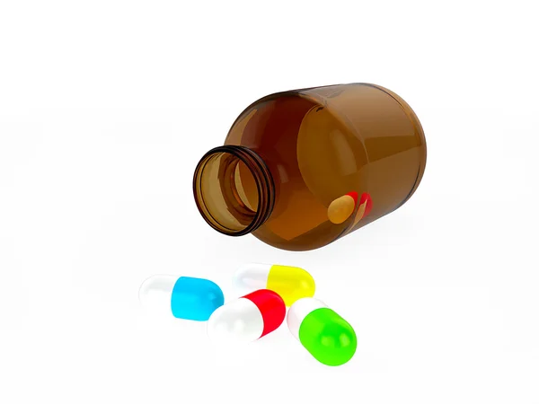Medicinsk glasbehållare för tabletter eller kapslar och olika färger kapslar — Stockfoto
