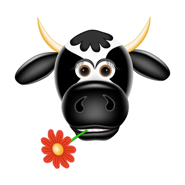 搞笑牛与牙齿中的一朵花 — 图库矢量图片