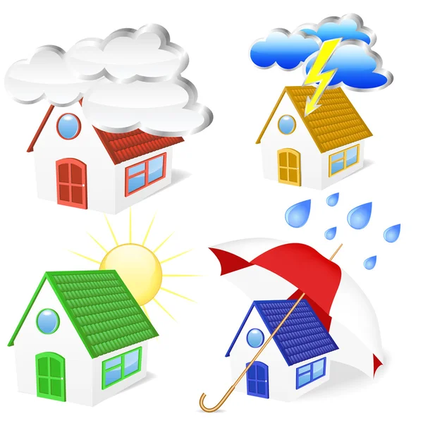 3D Houses with weather symbols set — Stockvector