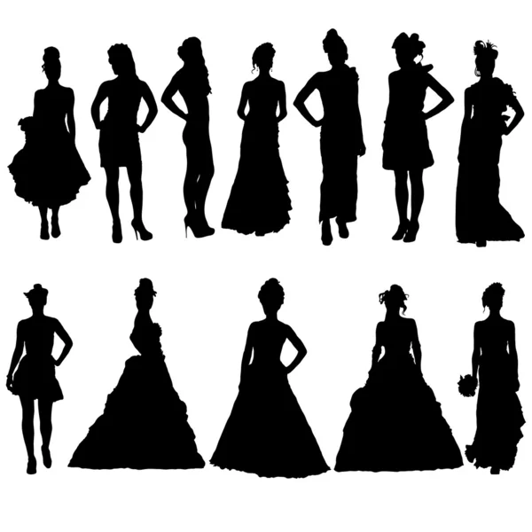 Las mujeres siluetas en varios vestidos. Ilustración vectorial — Archivo Imágenes Vectoriales