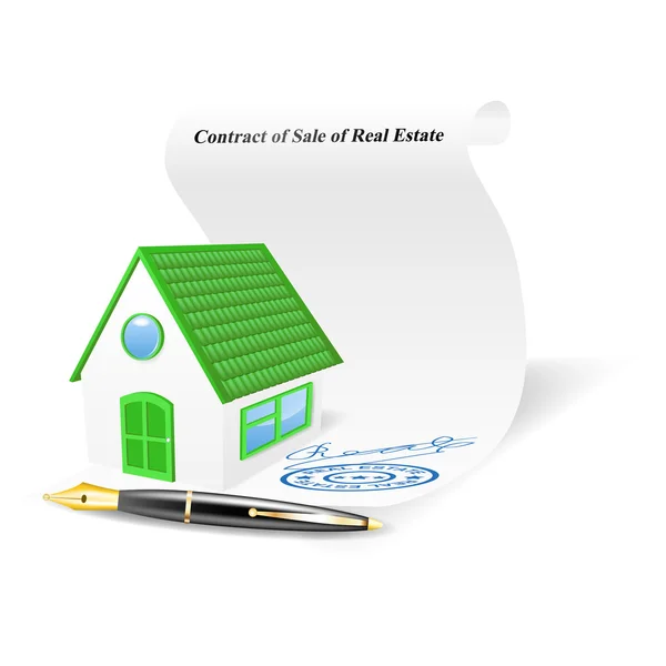 Casa com contrato de venda de imóveis. Ilustração vetorial — Vetor de Stock