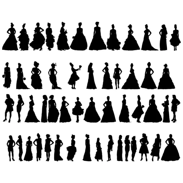 Silhuetas de mulheres em vários vestidos. Ilustração vetorial — Vetor de Stock
