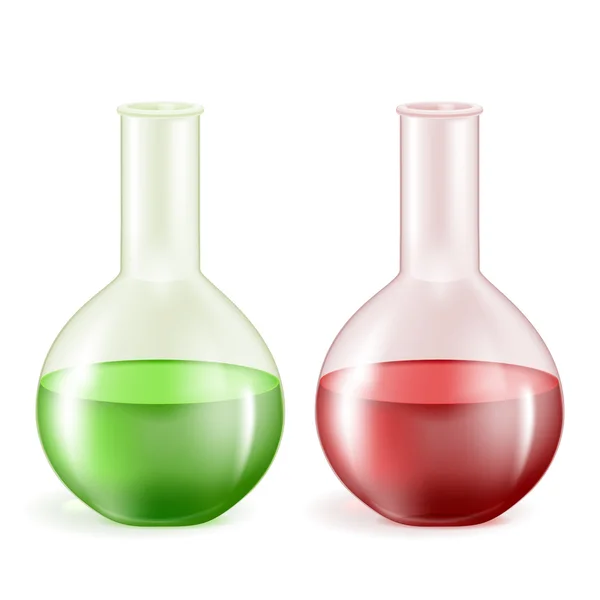 Verrerie de laboratoire avec des liquides verts et rouges. Illustration vectorielle — Image vectorielle