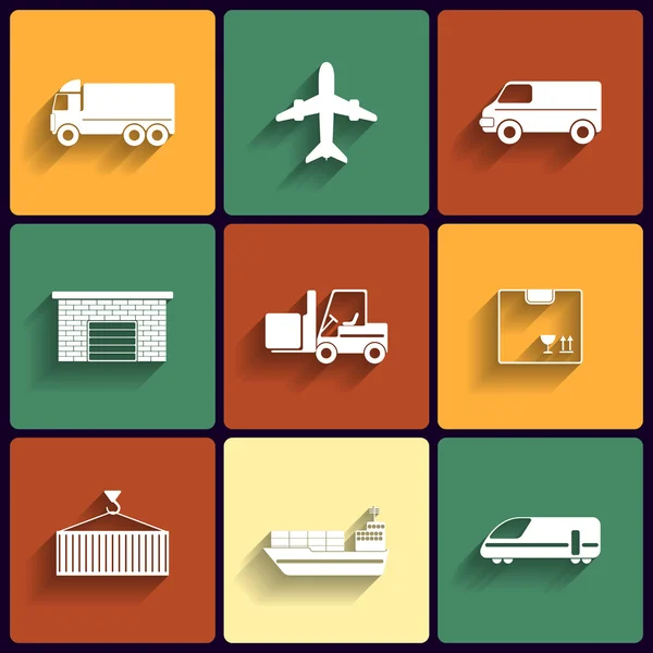 Ícones planos vetoriais de veículos, transportes e logística . — Vetor de Stock