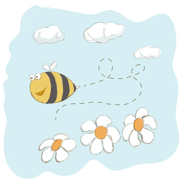 可爱的蜜蜂花丛中飞舞 — 图库矢量图片