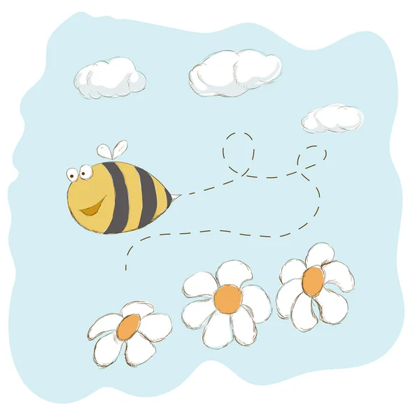 Linda abeja volando alrededor de flores — Vector de stock