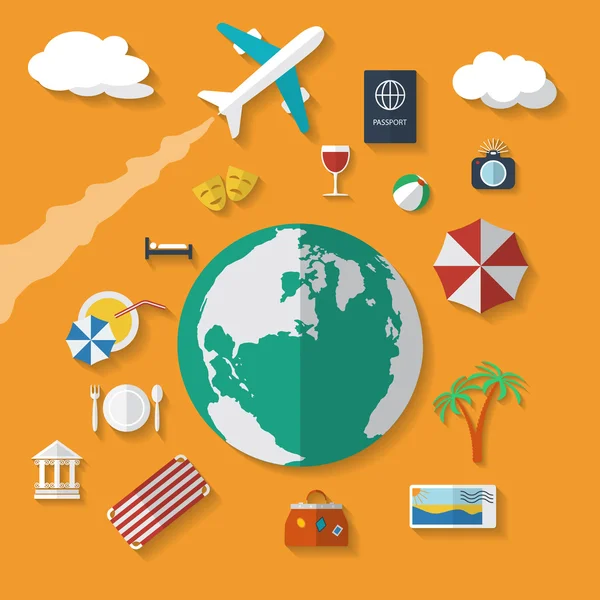 Flat design style modern vector illustration icons set of vacation, planning a summer vacation, tourism and journey objects and passenger luggage. Isolated on stylish background.
