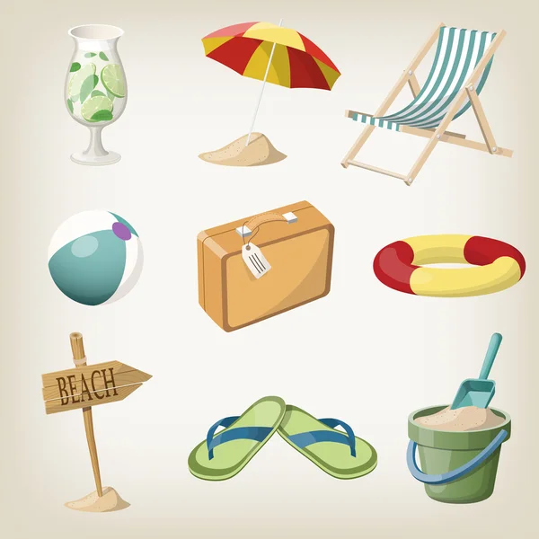 Ensemble d'articles de plage. Voyage, articles de vacances. Illustrations vectorielles — Image vectorielle