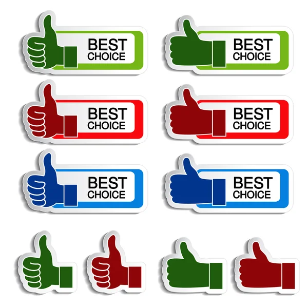 Vector best choice stickers with gesture hand — Stock Vector