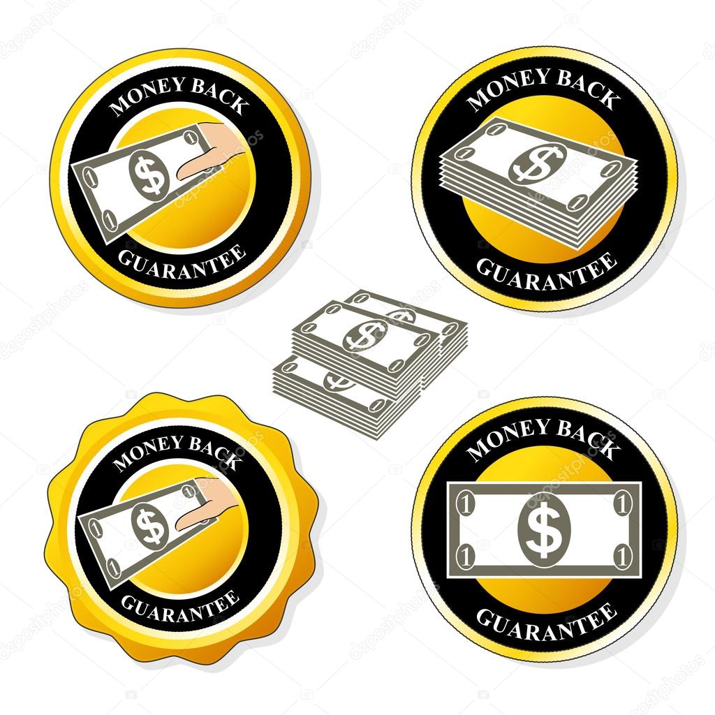 Vector money back guarantee icons, circular stickers with dollar