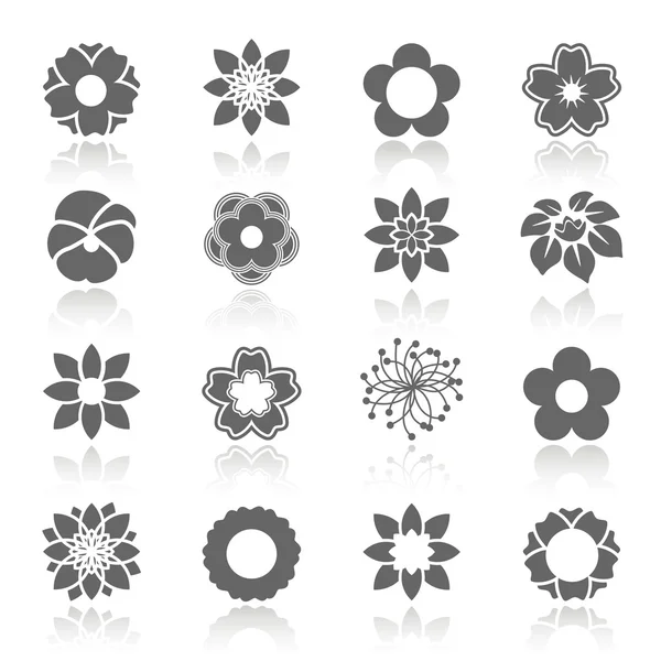 Conjunto vectorial de flores en flor con sombra - símbolo, icono de flor — Vector de stock