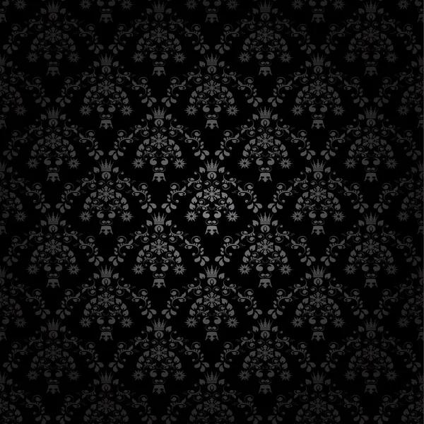 Vektor svart sömlös prydnad bakgrund - tapet med blomma, krona, stjärna, blad — Stock vektor