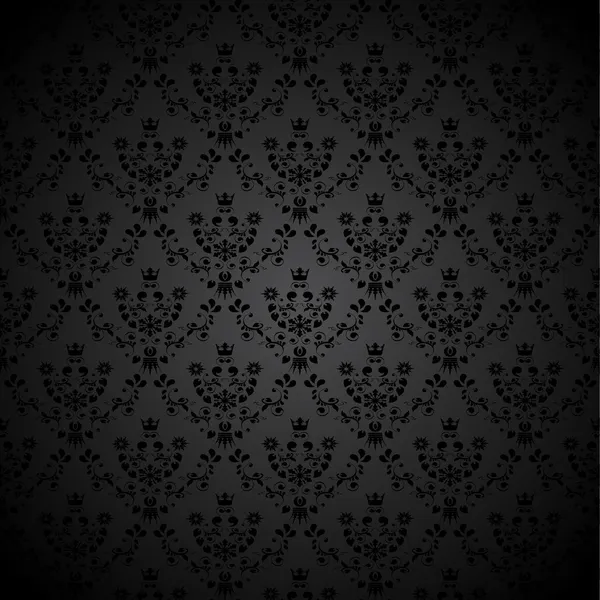 Vector black seamless ornament background - wallpaper with flower, crown, star, leaf — Stock Vector