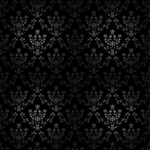 Vektorové černé bezešvé ozdoba pozadí - tapeta s květinou, koruna, hvězda, list — Stockový vektor