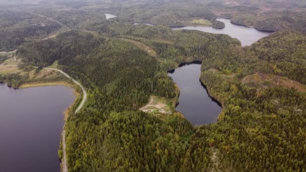 Karelia共和国の美しい自然。ドローンから湖への空中ビュー。水のアクアカラー。ロシアの地理。森への素晴らしいパノラマビュー。観光スポットとカレリアンショーケース. — ストック動画