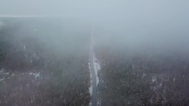 Tűlevelű erdő ködben és felhőkben. Felülnézetből és leereszkedve a drónra. A felhők között. Télen és télen erdő. Oroszország és Tatarsztán természete. — Stock videók