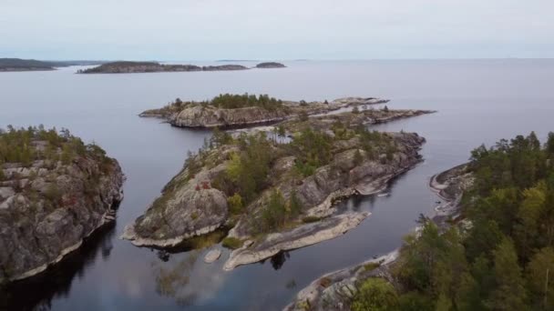 Karelia共和国の美しい自然。ドローンからラドーガ湖までの空中ビュー。ロシアの地理。ラドーガのスキー場の島々への素晴らしいパノラマビュー。サイト、カレリアのショーケースと休暇. — ストック動画