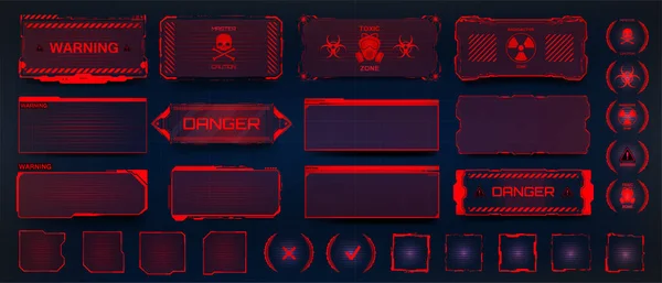 Panneaux d'avertissement rouge, hologrammes, cadres d'écran. Style HUD — Image vectorielle