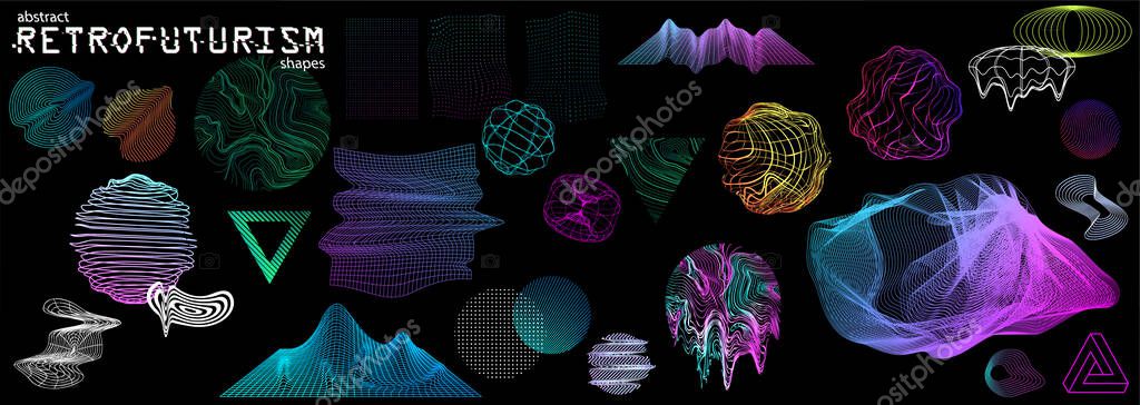 Vaporwave style shapes for 80s and 90s with glitch effect. Retro Futuristic 3D elements for trendy design. Graphic set old wave cyberpunk concept. Vector retro collection Neon and Glitch shapes