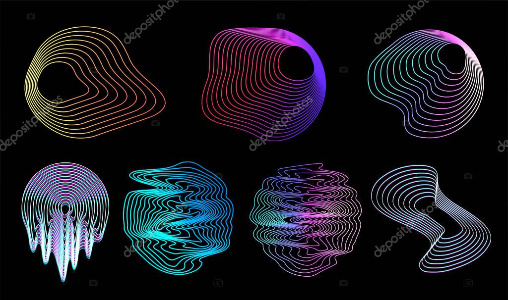 Retrofuturistic circle design shapes with glitch and liquid effect. Trendy Vaporwave in 80s-90 style. Holographic illuminated shapes. Memphis, synthwave, retro futuristic for t-shirt, merch. Vector