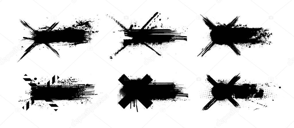 Dirty paint Callouts titles in grunge style. Callouts bar label Ink brushstroke and paintbrush template with splashes grunge. Dirty artistic design Callout Titles with X cross hairs. Vector ink box